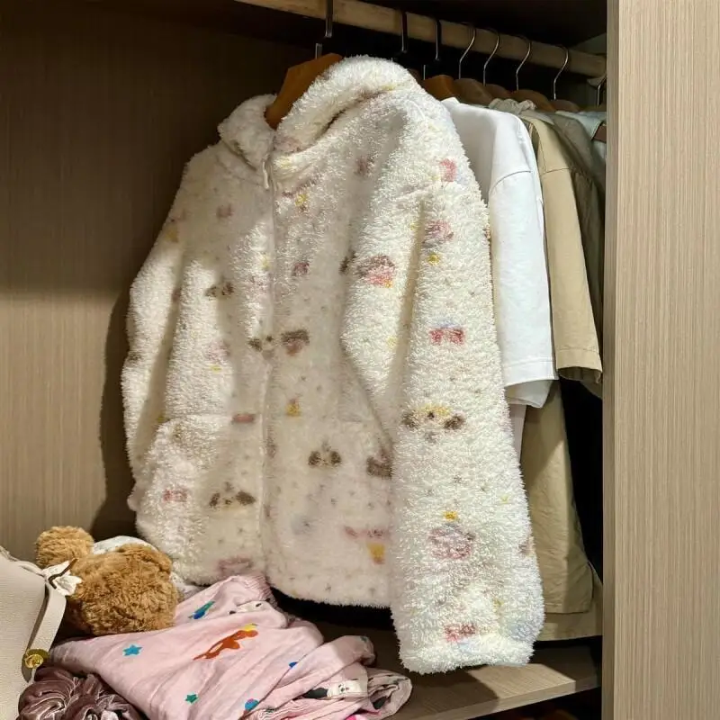 

Cartoon Hooded Coral Fleece Pajamas Set Winter Women Sweet Dog Print Sleepwear Set Suitable Outdoor Wear At Home Nightwear Sets