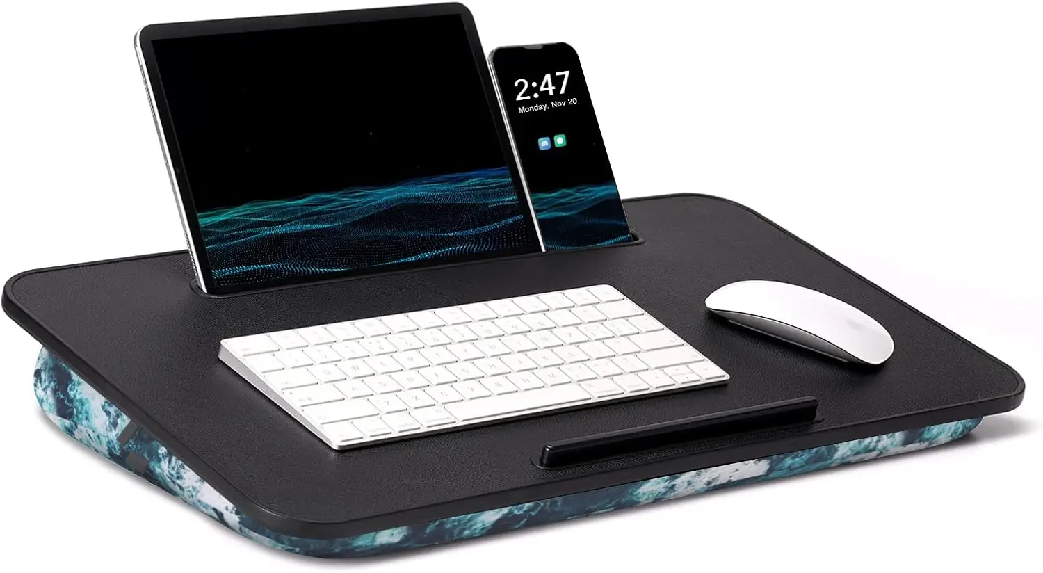 

Portable Laptop Lap Desk with Cushion, Built-in Tablet Slot & Washable Cover for Bed, Couch Use - Blue Waves