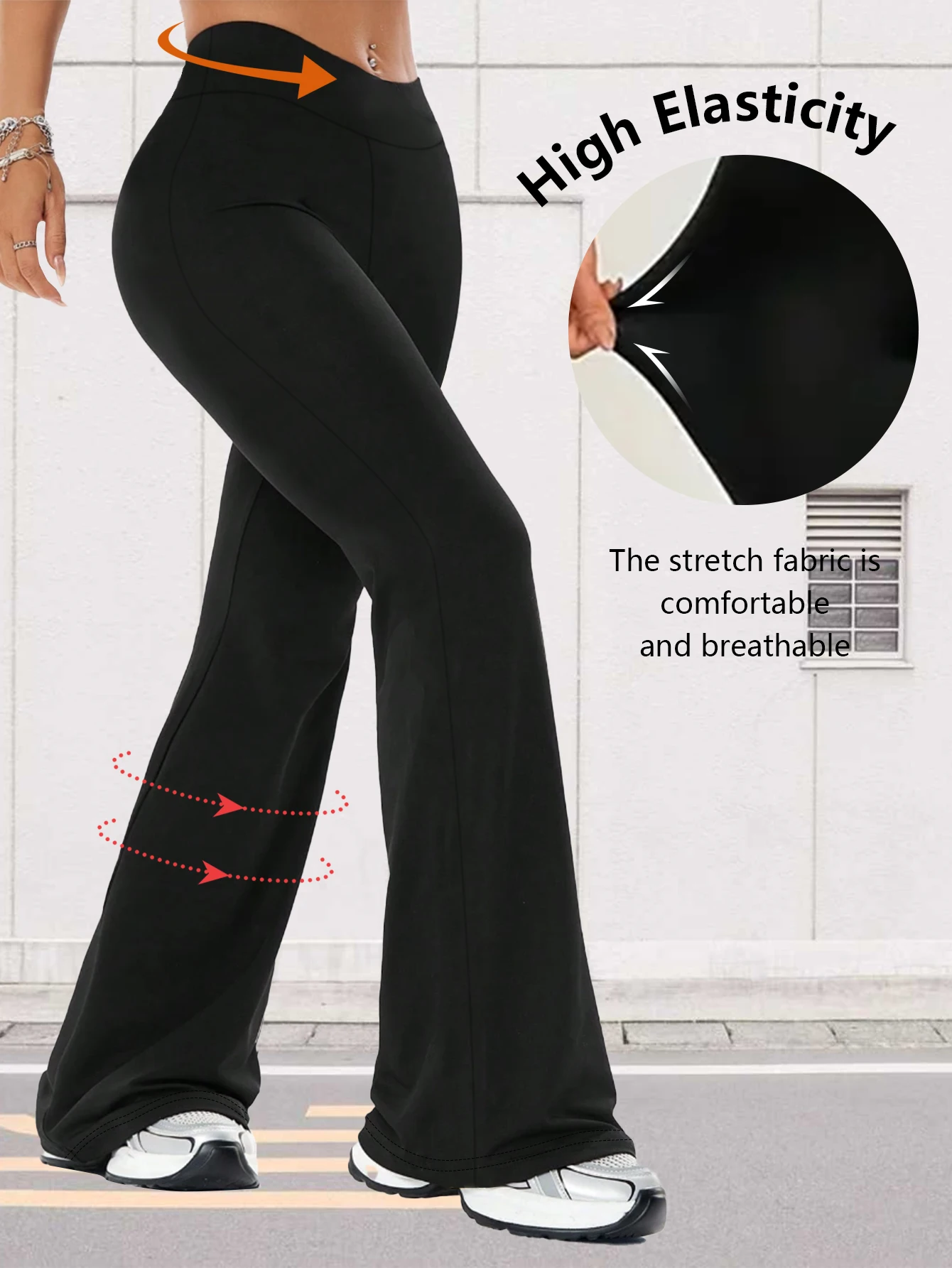 Schlanke, hüfthebende Schlaghose mit hoher Taille für Damen, atmungsaktive Freizeithose aus Polyester, hand- und maschinenwaschbar für den täglichen Gebrauch – Detail 5