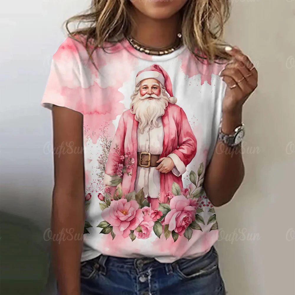 

Santa Claus Print Vintage T-Shirts Christmas Theme Tops Ladies Short Sleeve Pink T Shirt Oversized Women Weekend Party Clothes