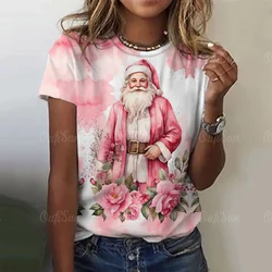 Santa Claus Print Vintage T-Shirts Christmas Theme Tops Ladies Short Sleeve Pink T Shirt Oversized Women Weekend Party Clothes