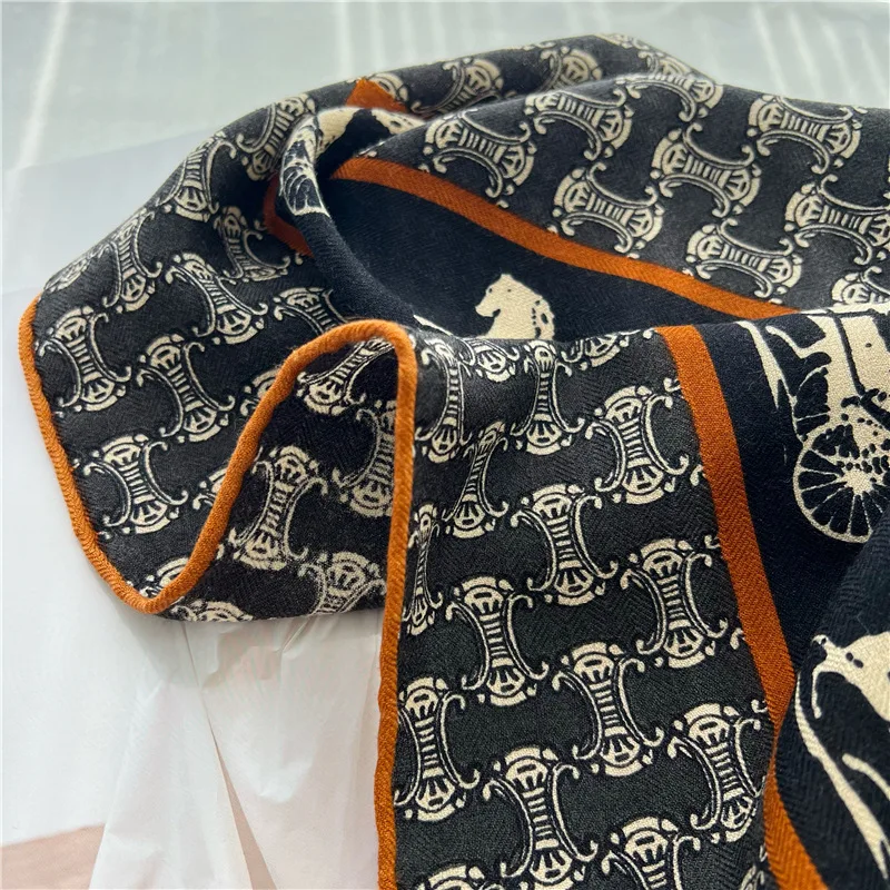 Silk wool scarf women's Arc de Triomphe carriage light luxury silk wool large square scarf warm and versatile