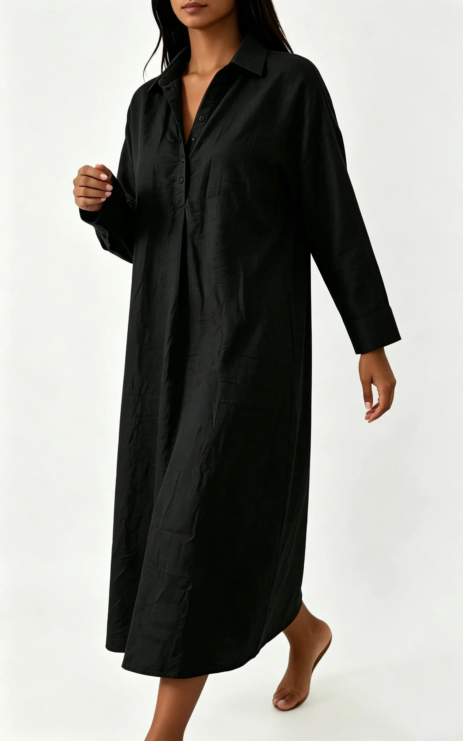 Women Linen Shirt Maxi Dress Lapel Half Button 3/4 Sleeve Loose Casual Long Dress Plus Size Holiday Beach Sundress