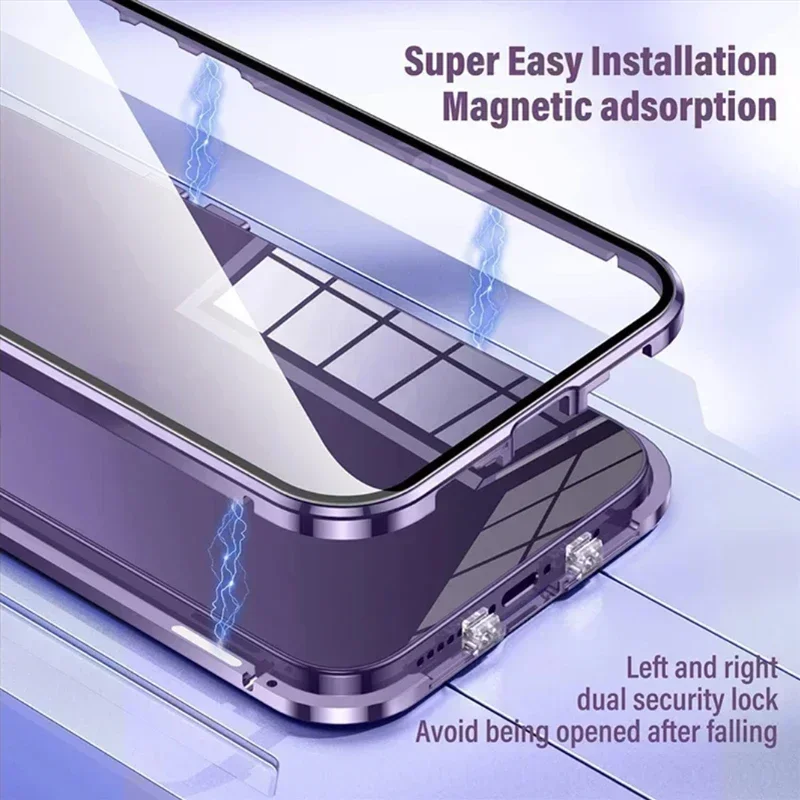 حافظة مغناطيسية زجاجية مزدوجة الجوانب مع واقي كاميرا لهاتف آيفون 17 16 15 14 13 12 Pro Max Air Mini Plus 360 °   الحماية