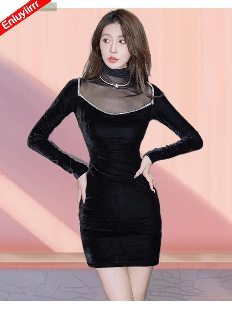 New Year Christmas Date Girls Elegant Little Black Sheer Mesh Velvet Dress Women Bodycon Sexy High Waist Bling Party Dresses