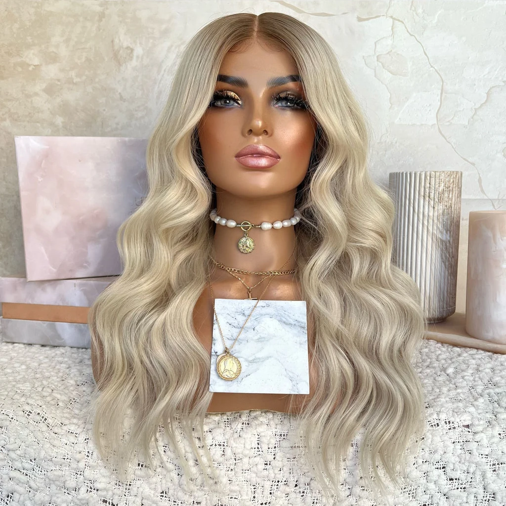 AIMEYA Body Wave Synthetic Lace Front Wig Ombre Blonde Synthetic Lace Wigs for Women Natural Hairline Brown Roots Cosplay Used