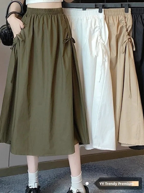 Summer 2026 Versatile Pure Color Drawstring Pocket Mid-Length Workwear A-Line Skirt for Women Elastic Waist High Waist Design