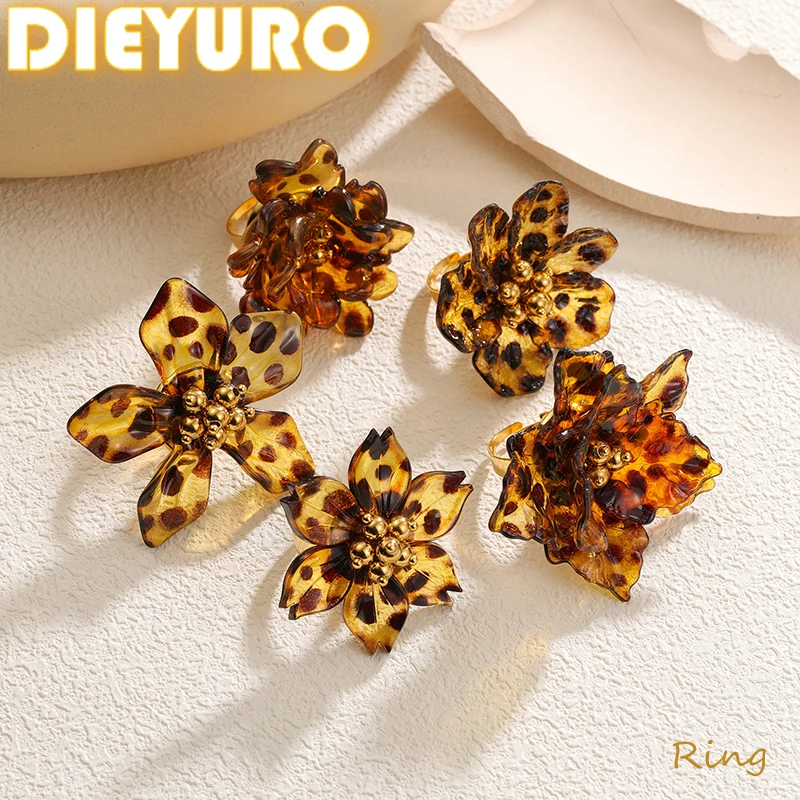 DIEYURO 316L ステンレス鋼ファッションヴィンテージヒョウアクリルフラワーオープニング調節可能なリング女性新しい防水リングジュエリー 1
