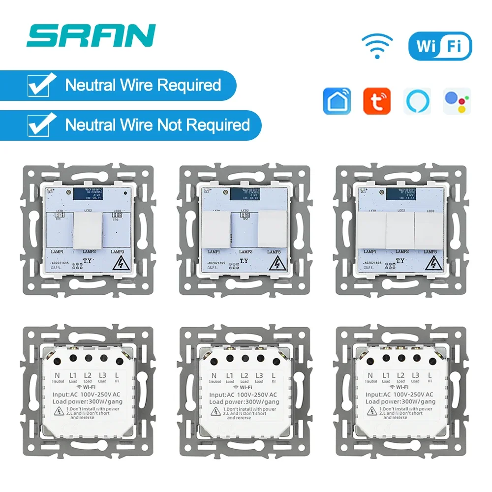 Wifi switch module 1/2/3Gang  52*52mm Tuya Smart life App Control Google home Alexa Applicable to SRAN F series panel