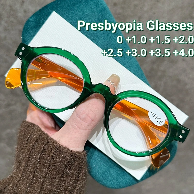 

Retro Small Round Frame Presbyopia Glasses Trendy Spring Leg Anti Blue Light Reading Clear Lens Far Sight Glasses 0 To +4.0