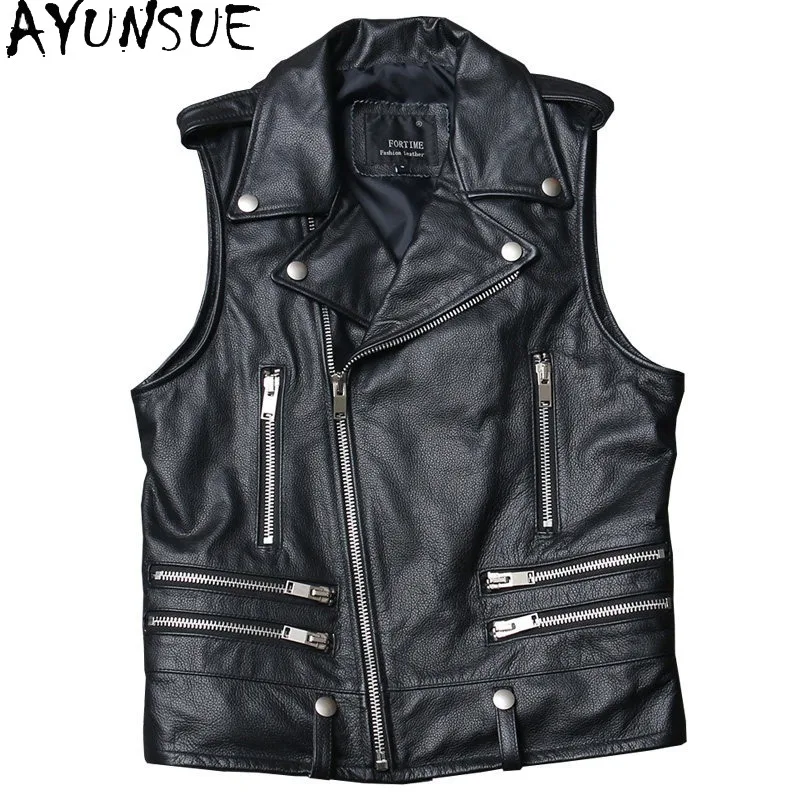 AYUNSUE Top Layer Cowhide Black Biker Leather Jacket Short Men's Leather Vest Motorcycle Jackets of Man Slim Fit Waistcoat Chic