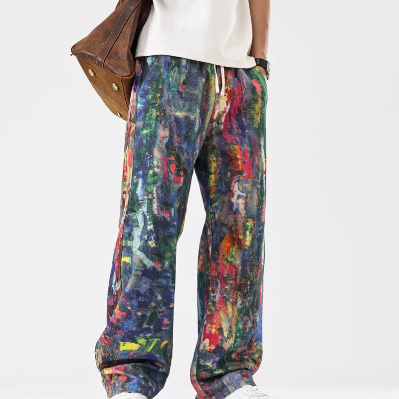 

Men's Graffiti Print Wide Leg Jeans, Elastic Waist Drawstring Casual Pants, Non-Stretch All-Season Streetwear Trousers