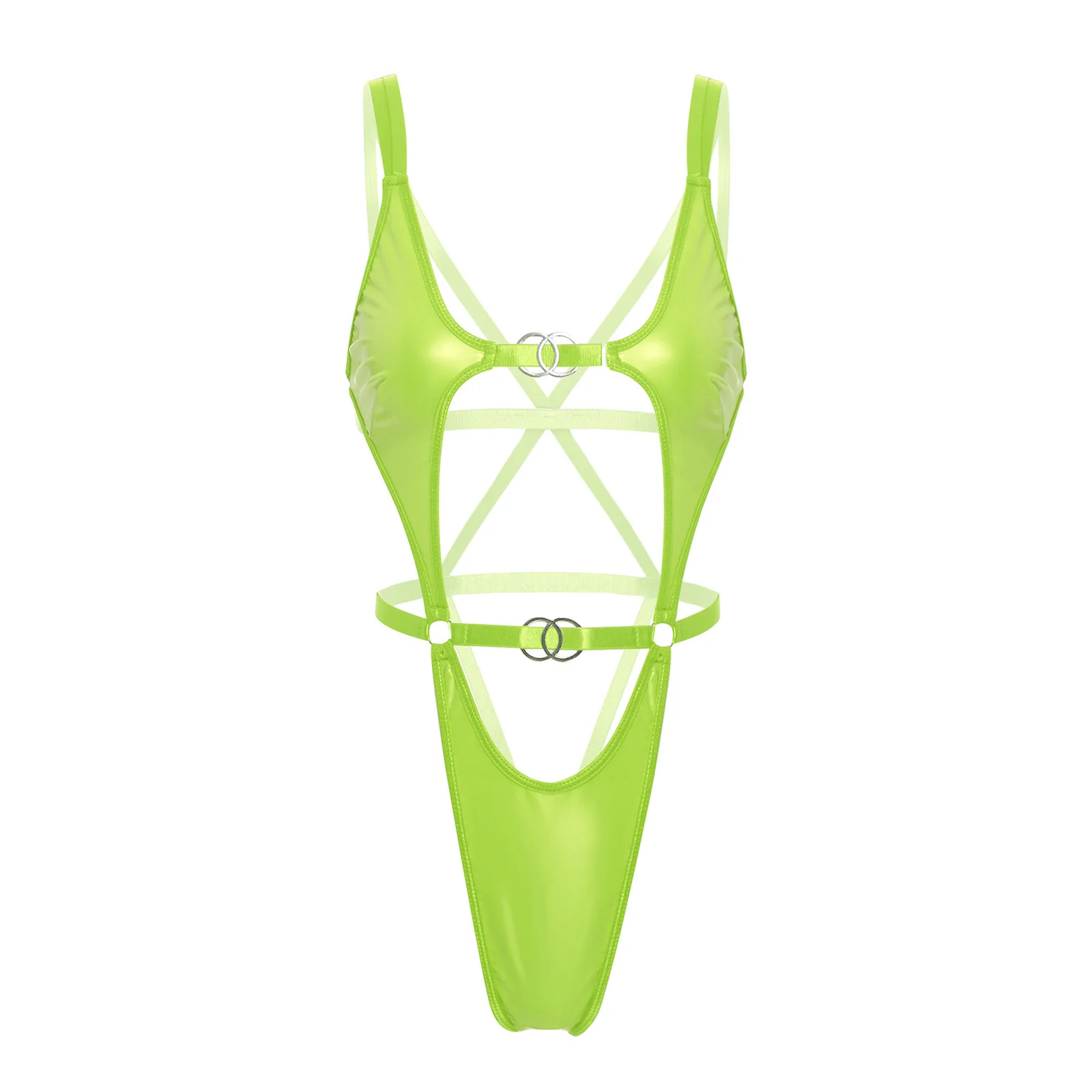 Costume da bagno lucido da donna con spalline sul retro scava fuori costumi interi costumi da bagno bikini brasiliano fluorescente sexy con retro a T