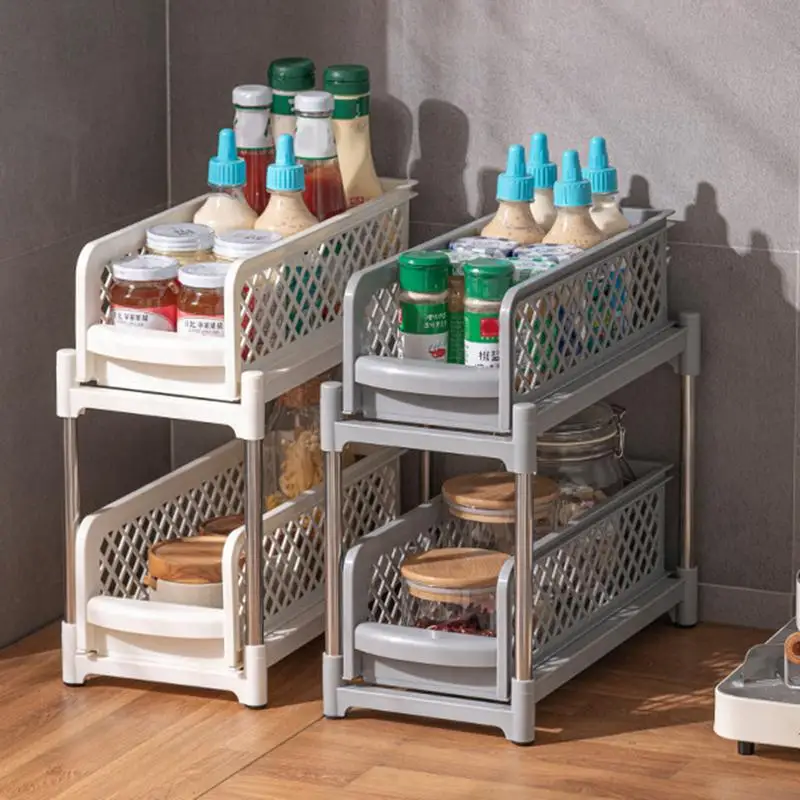 

2 Tier Multifunctional Pull Out Cabinet Organizer Large Capacity Basket Slide Out Kitchen Cabinet Storage for Bathroom