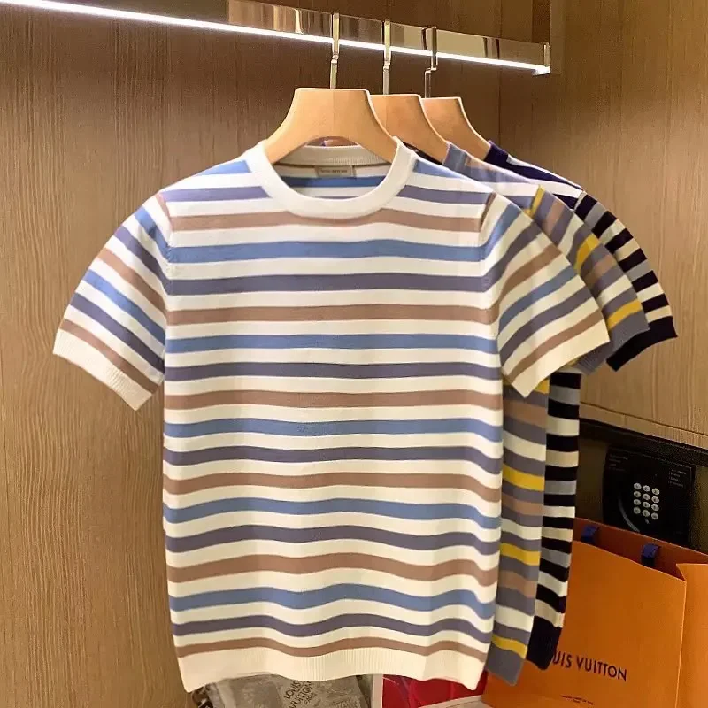 Simplecolor Blocking Striped Knitted T-shirt Classic Preppy Style Fresh Casual Short Sleeves Men's T-shirt Korea