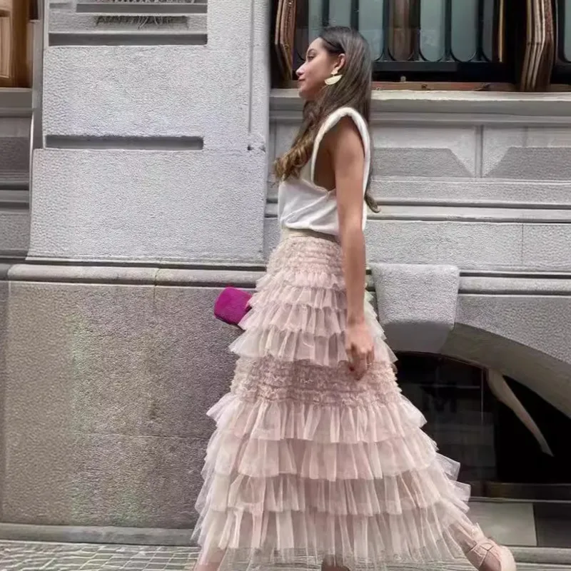 

Fashionable street style women's half body cake skirt long skirt 2025 summer new mesh splicing large swing cake skirt