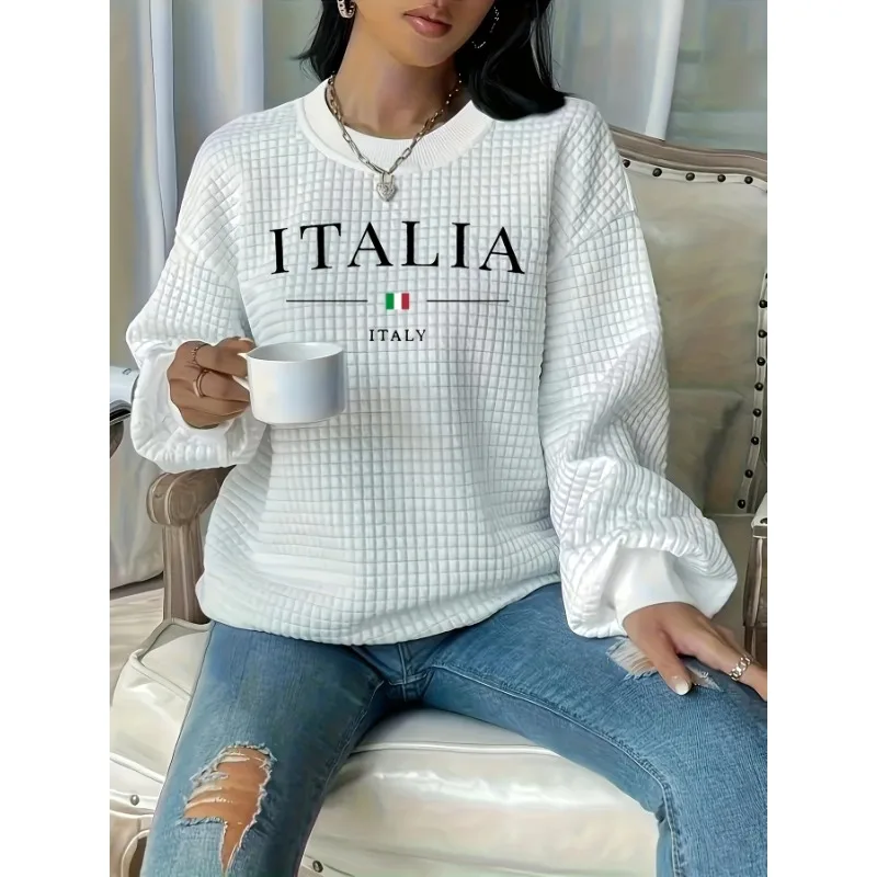 

Women's Italian Alphabet Printed Waffle Knitted Sweatshirt, Stylish and Casual Long Sleeve Round Neck, Comfortable Regular Style