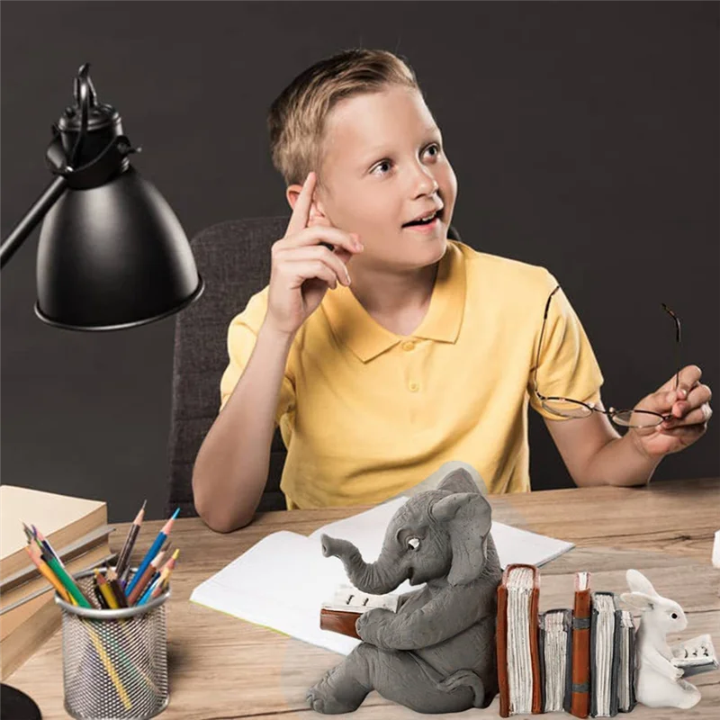 AT21-Elephant Animal Reading Studying Statue Bookends Animal Statue Decor Home Decor