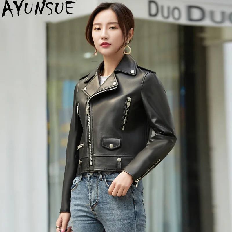 AYUNSUE Echtes Leder Motorrad Jacke Echtes Schaffell Damen Mäntel 2025, Herbst Frauen Kleidung Neu in Mäntel Jaqueta De Couro
