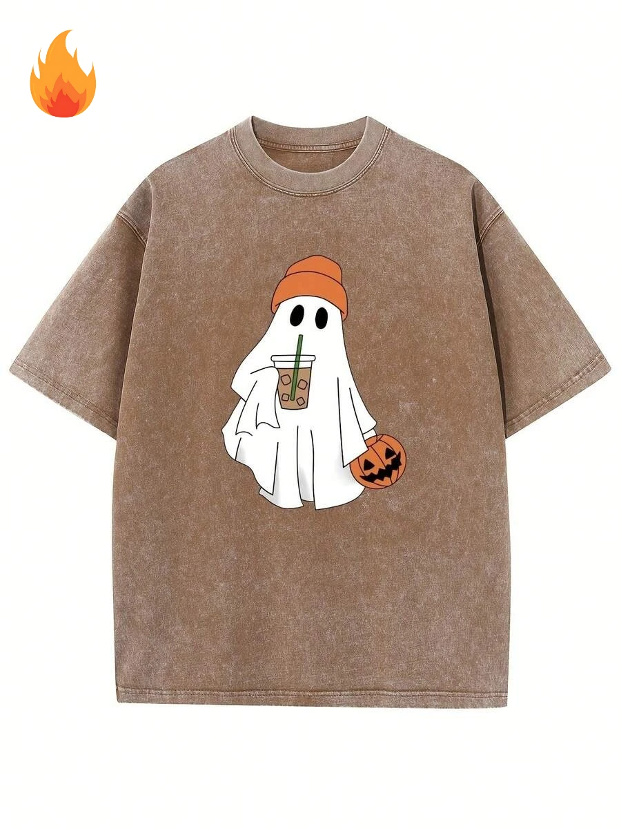 Halloween Cute Pumpkin And Ghost Pattern Print Heavyweight Cotton Oversized Drop Shoulder T-Shirt Washed Unisex T-Shirt Vintage St