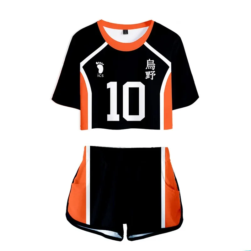 

Karasuno Koukou Cosplay Costume Summer Girls Cheerleading Uniform Women Anime Crop Top Short-sleeved T-shirt Shorts