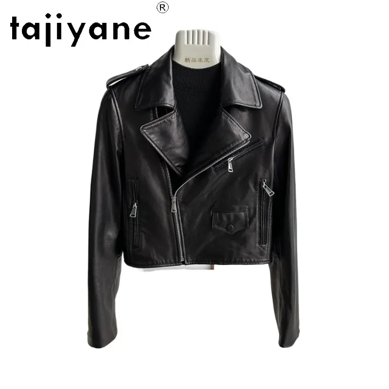 TAJIYANE Genuine Leather Jacket Women Vegetable Tanned Sheepskin Leather Coat Chic Biker Cropped Jackets for Woman Slim Fit 자켓
