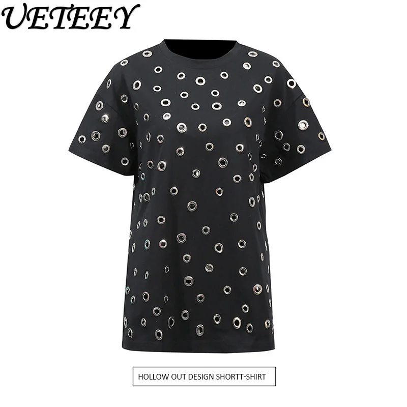 

Personalized Niche Design Top 2025 Summer New Black Round Neck Metal Hollow Short Sleeve Tees High-end Women's T-shirt