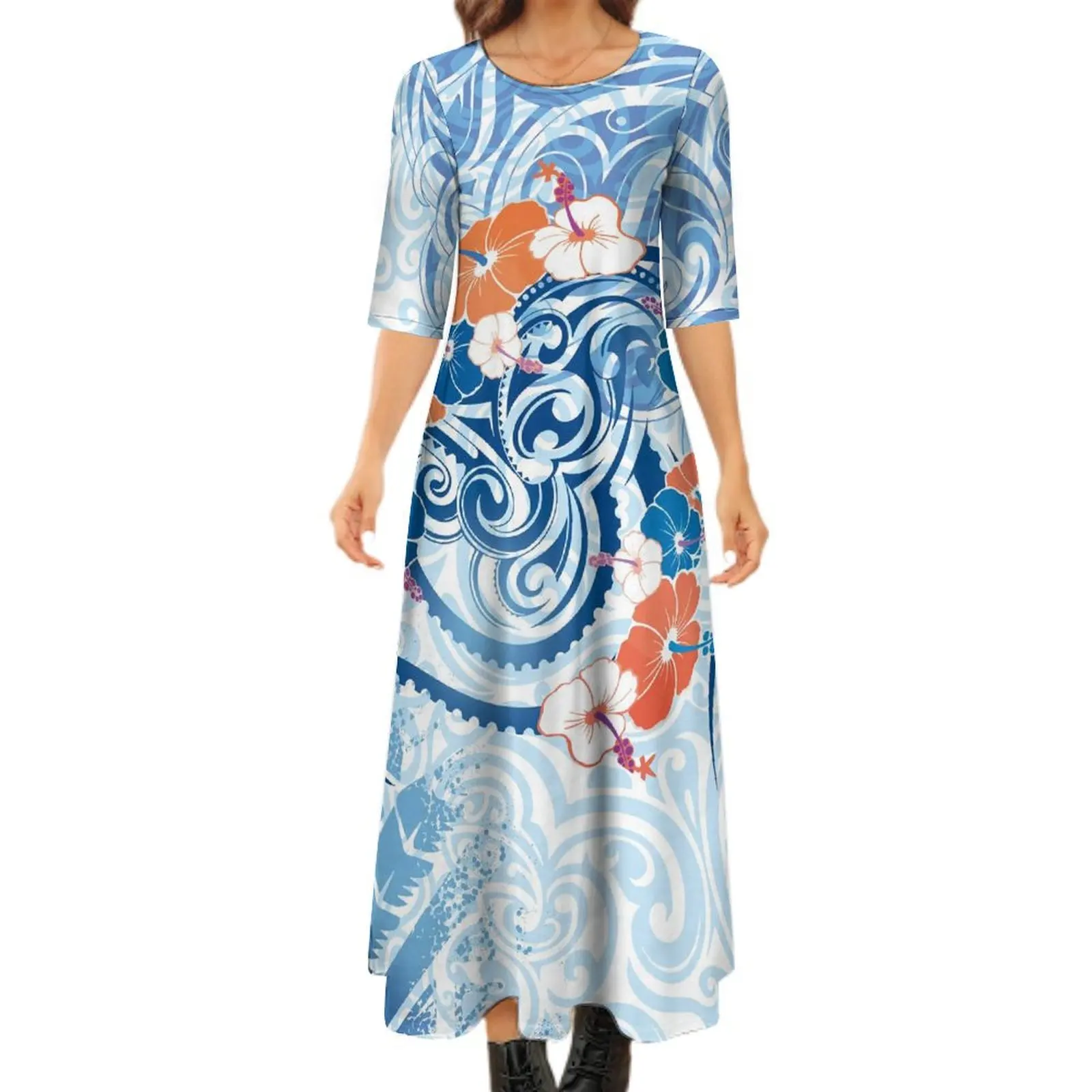 Women'S Mid-Sleeve Dress Hawaiian Style Polynesian Island Design Crew-Neck Long Dress Evening Gown