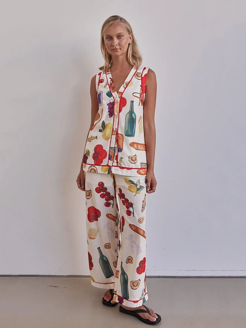 Marthaqiqi Printing Women Nightgowns Suit Sexy V-Neck Sleepwear Tank Tops Pajamas Sleeveless Nightwear Pants Ladies Nightie Sets