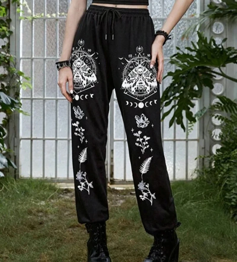 Goth crâne graphique cordon taille ceinture élastique toutes saisons pantalons de sport élastique, jambe droite Style Machine Hip-Hop