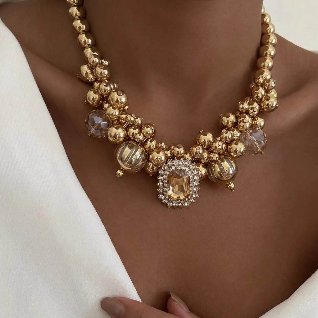 Luxuriöse Funkelnde Zirkon-Choker-Halsketten für Damen Schicke Massive Imitationsperlen Acryl-Perlenketten Party-Schmuckset – Detail 4