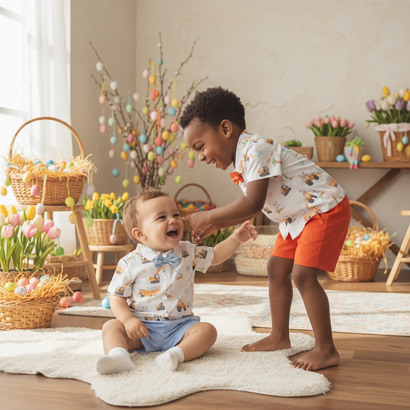 FOCUSNORM 0-4Y Toddler Kids Boys Easter Gentleman Clothes Sets Short Sleeve Lapel Excavator Bunny Print Tops and Solid Shorts