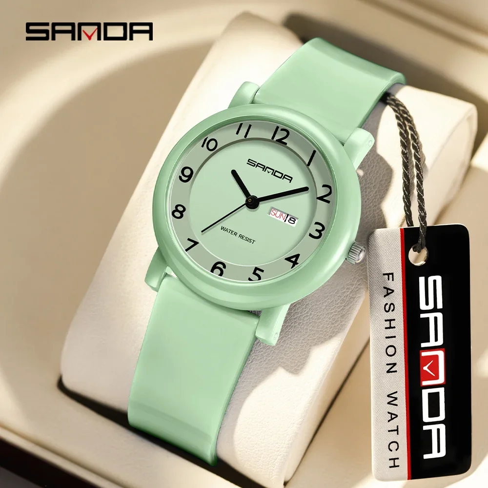 SANDA 3255 عرض التقويم المزدوج امتحان الطالب ساعة عصرية بسيطة هدية فتاة ساعة كوارتز نسائية مقاومة للماء
