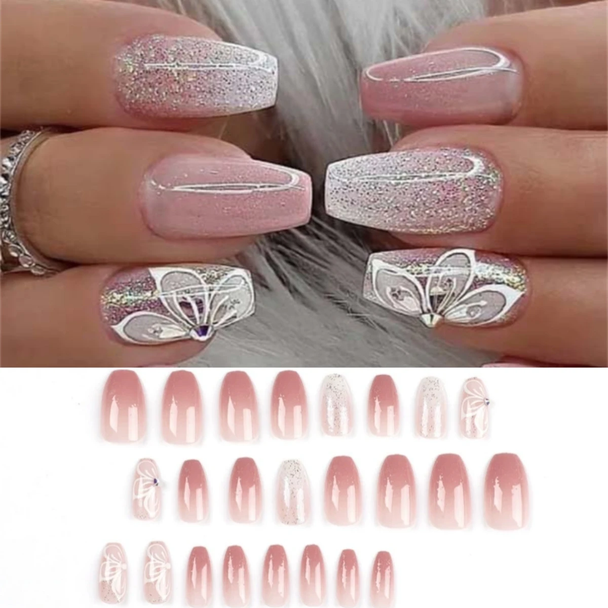 

24Pcs Press on Nails Set Wear Fake Nails Art Pink Gradient Glitter Butterfly Rhinestones False Nail Full Cover Acrylic Nail Tips