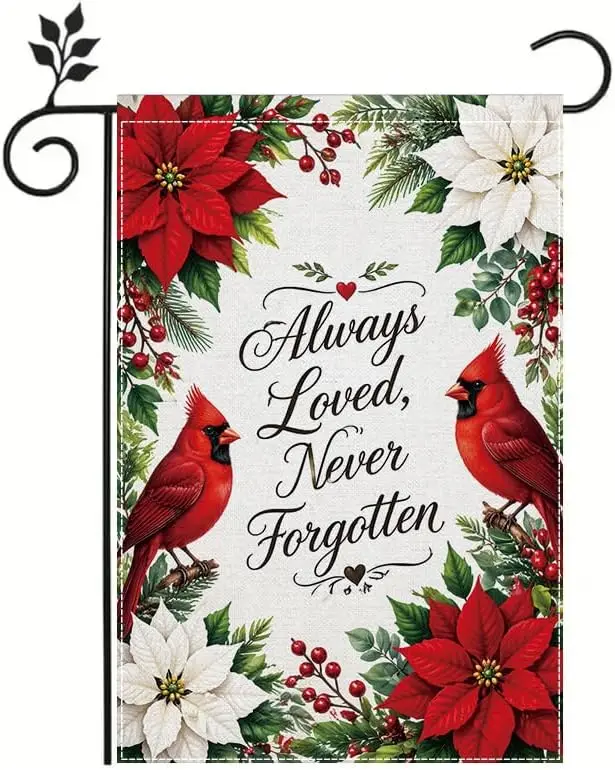 Garden Flag 12x18 Inch, Always Loved Never Forgotten Garden Flag, Merry Christmas Cardinal Birds Memorial Outdoor Flag with  yyi