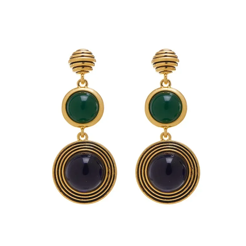 New European and American French retro grandmother green glass niche all-matching geometric round earrings