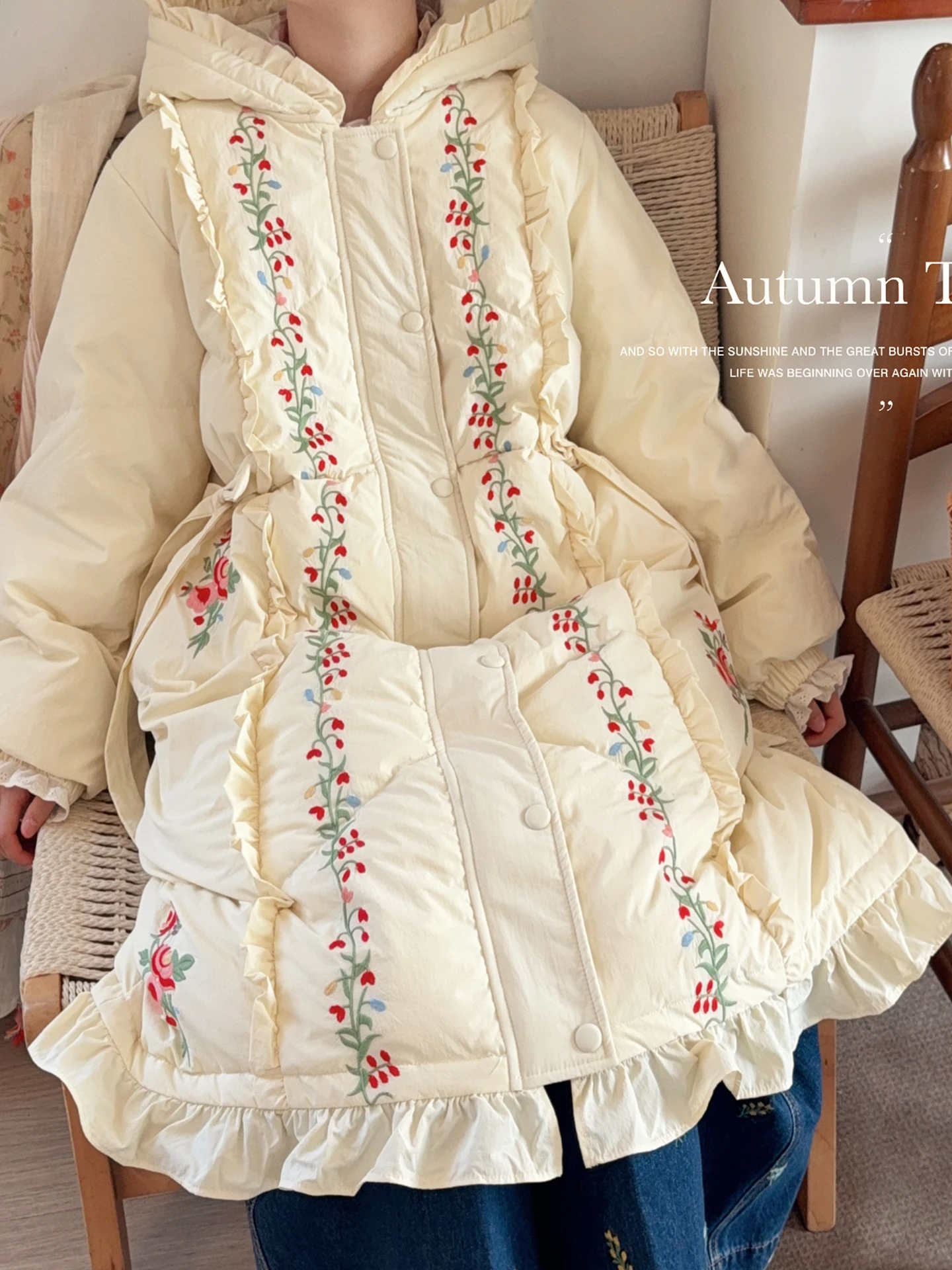 

116cm Bust Winter Down Jackets Women Original Design Mori Girls Sweet Elegant Embroidered Hoodie Long White Duck Down Warm Coats