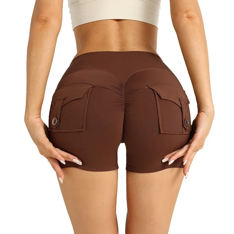 Sport nudo a vita alta con culo pesca con pantaloncini da yoga tascabili Leggings Pantaloncini sportivi da esterno per allenamento in palestra ad asciugatura rapida