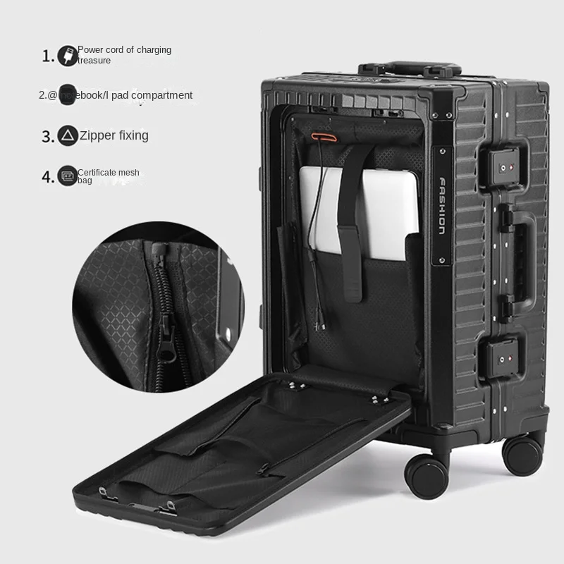 Aluminum Frame Suitcase Trolley Box Multifunctional Front Open Lid Travel Box Universal Wheel Luggage Folding Cup Holder 20 inch