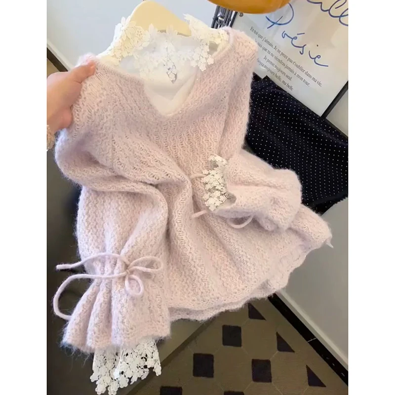 Women Fuzzy Knit Pullover Sweet Drawstring Cuff Sweater V Neck Layered Look Pink Oversized Coquette Winter Top