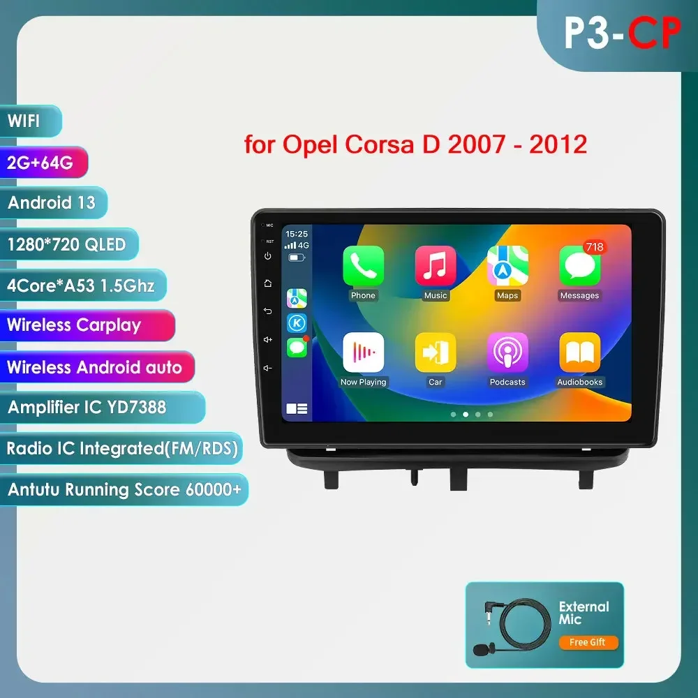 Carplay 4G 2Din Android 14 Autoradio voor Opel Corsa D 2007-2012 Hatchback Van Multimedia Video GPS DSP AI Intelligente Speler RDS