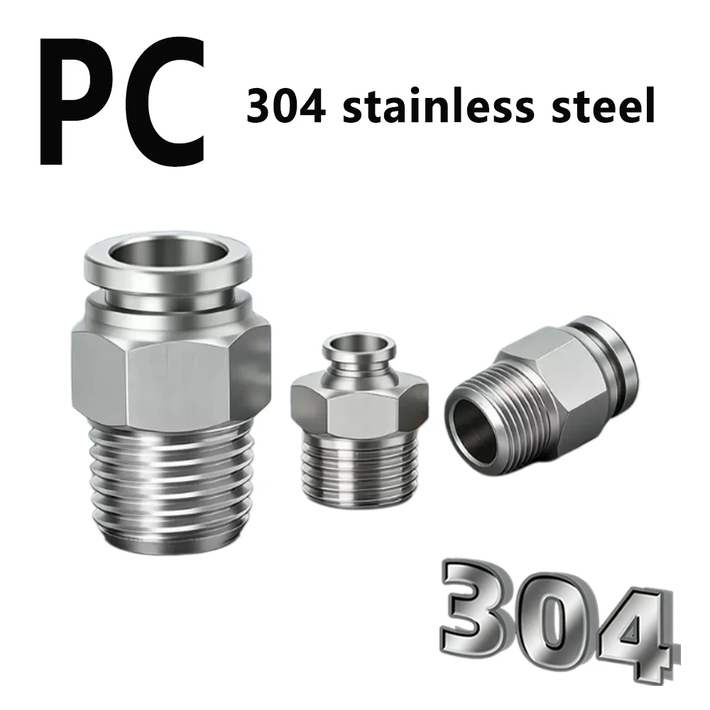 PC Stainless Steel Pneumatic Quick Connector Straight Through External Thread BSPT 1/8 1/4 3/8 1/2PU Hose Connector 4 6 8 10 12
