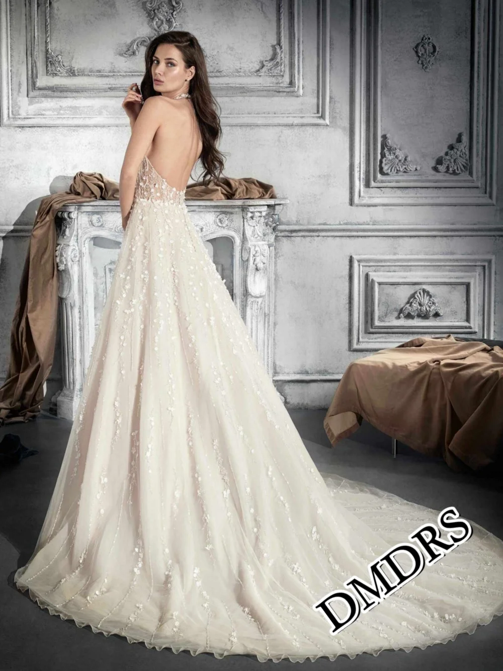 DMDRS 섹시한 V 넥 웨딩 드레스 클래식 A 라인 신부 가운 정장 아플리케 바닥 길이 웨딩 드레스 Vestidos De Novia