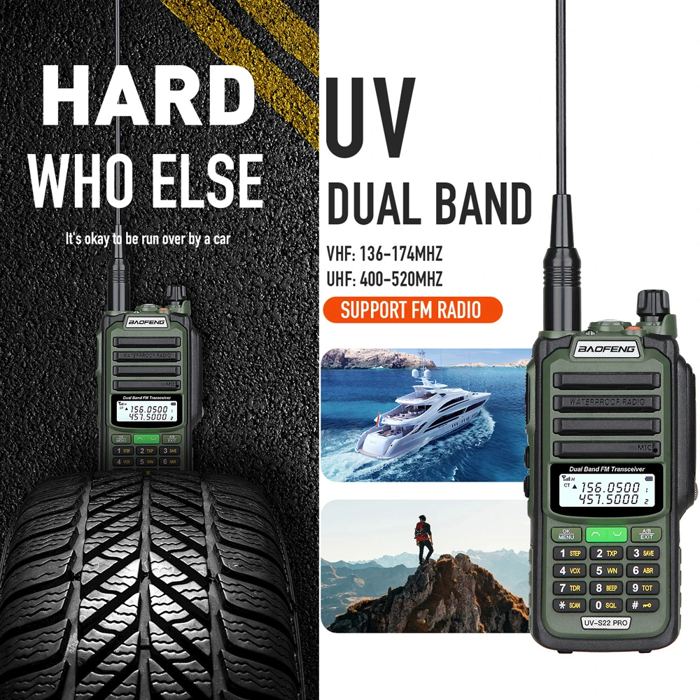 2Pcs Baofeng Protable Waterproof 10W Walkie Talkie UV-S22 PRO Dual Band Three Power UHF VHF CB Ham Radio USB-C Charge 2Way Radio