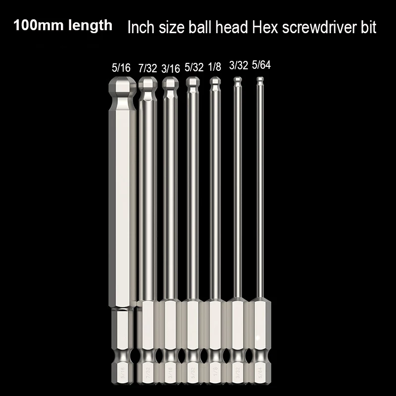 10pcs 100mm Magnetic 1/4' 6.35mm Hex Shank Inch ball head Hexagon Screwdriver Bit 5/64 3/32 1/8 5/32 3/16 7/32 5/16 hand tools