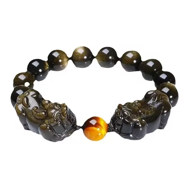 Natural Men And Women Coin Pixiu Zodiac Gold Obsidian Buddha Bead Bracelet Couples view 5