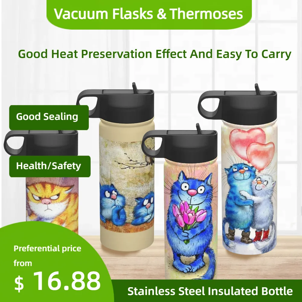 Cartoon Cute Blue Cat Vacuum Flasks & Thermoses Mug Custom Water Bottle Sports  18OZ Straw Cup Insulated Kettle Shaker Bottles