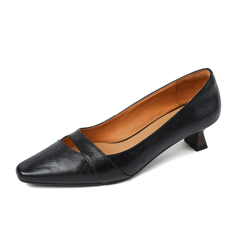 

Fashionable genuine leather square toe shallow mouth comfortable mid-heel wine glass heel hole decoration slip-on women's shoes