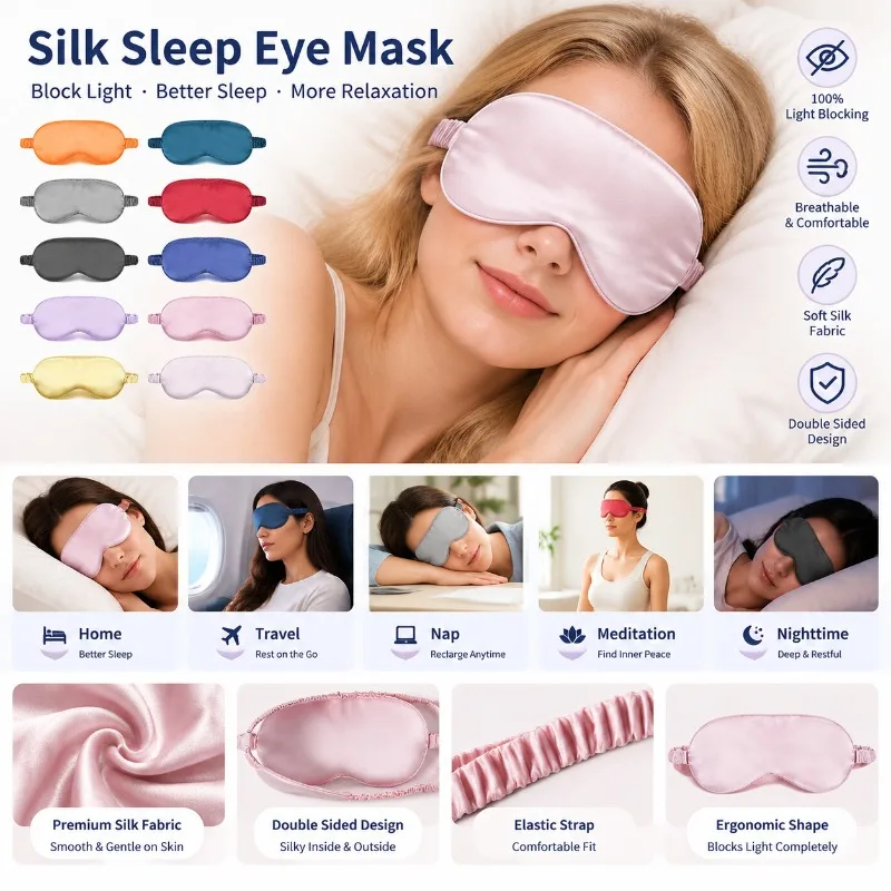 Double Sided Silk Eye Mask Sleeping Blindfold Light Blocking Soft Breathable Cover for Travel Home Nap Night Rest Accessories