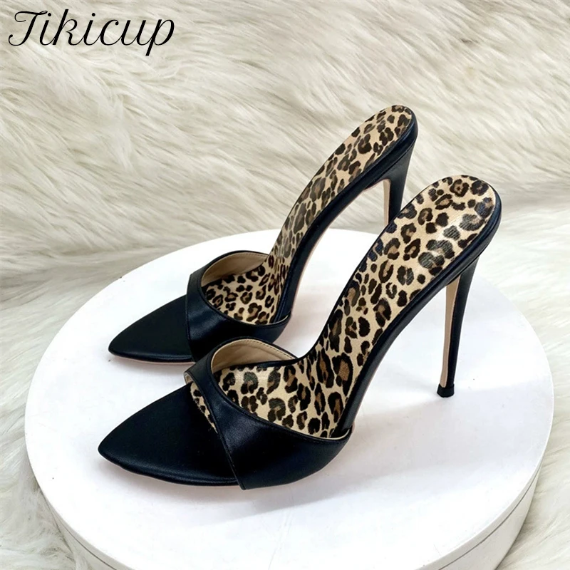Tikicup Sexy Leopard Print Mules Pointed Toe Stiletto Heels Open Back Slip-on Pumps for Women Party and Nightclub Wear Plus Size